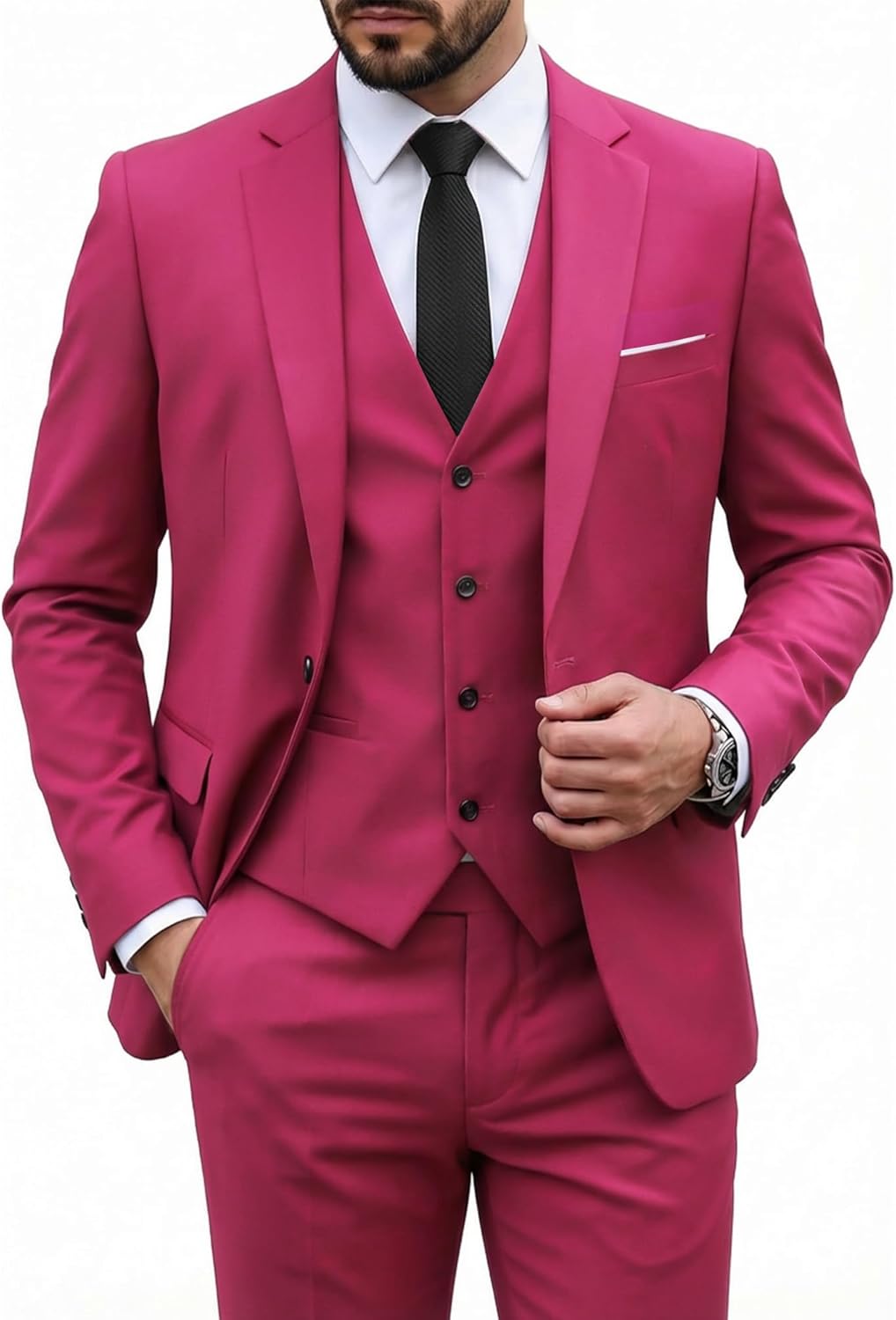 MY'S Men's 3 Piece Suit Set with Tie, One Button Slim Fit Solid Jacket Vest Pants, Prom Party Wedding Business Suits for Men
