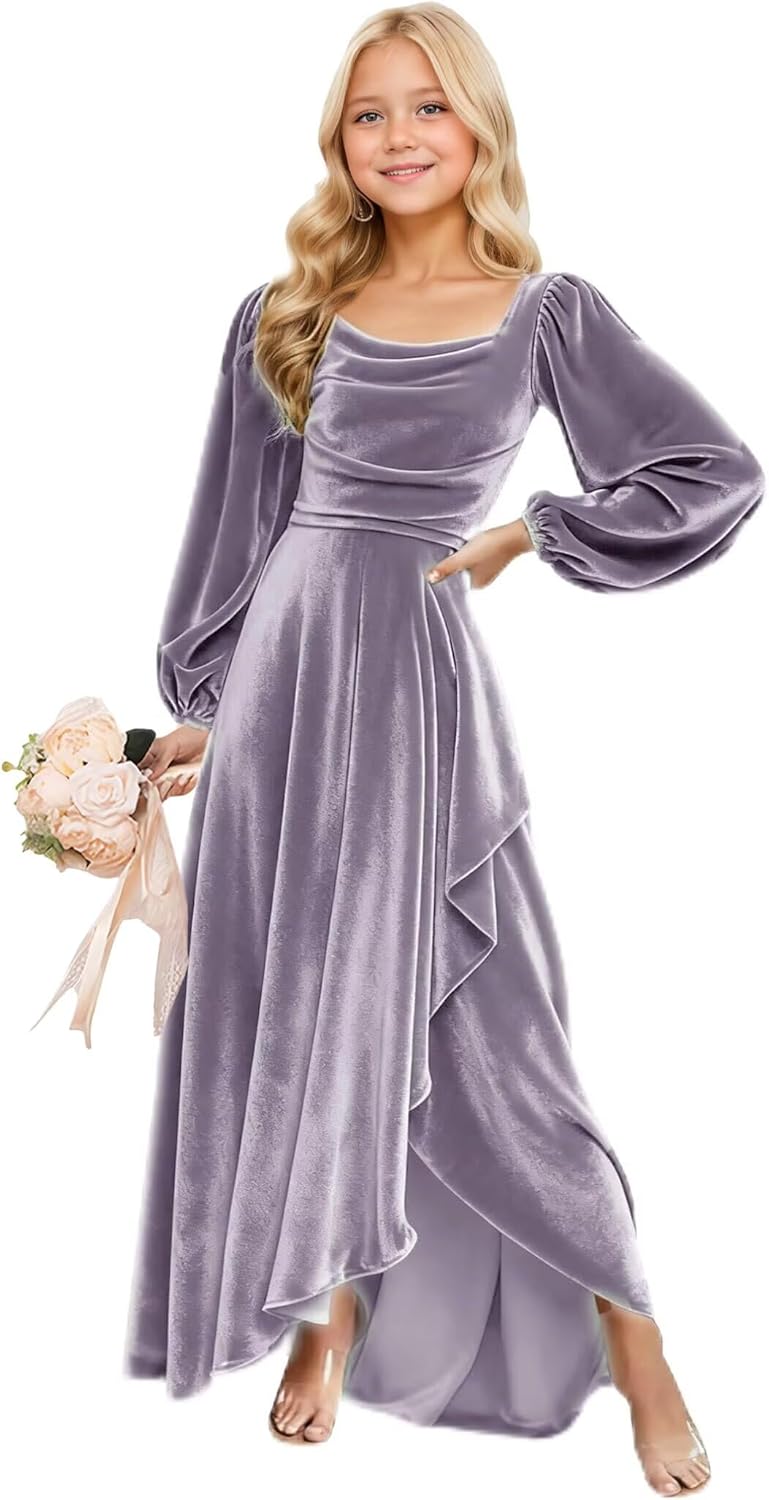 Long Sleeves Junior Bridesmaid Dresses Velvet Flower Girl Dress for Wedding Party Pageant Gowns with Ruffle
