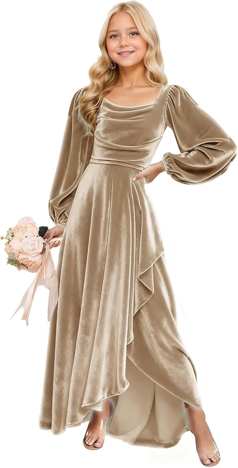 Long Sleeves Junior Bridesmaid Dresses Velvet Flower Girl Dress for Wedding Party Pageant Gowns with Ruffle