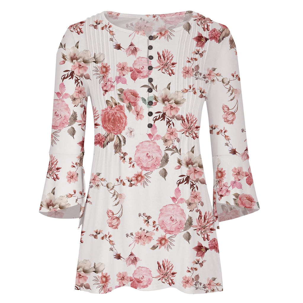 Summer Tops for Women 2026 Trendy Boho Floral Print Tunic Shirts 3/4 Bell Sleeve Button v Neck Tshirt Casual Loose Blouse