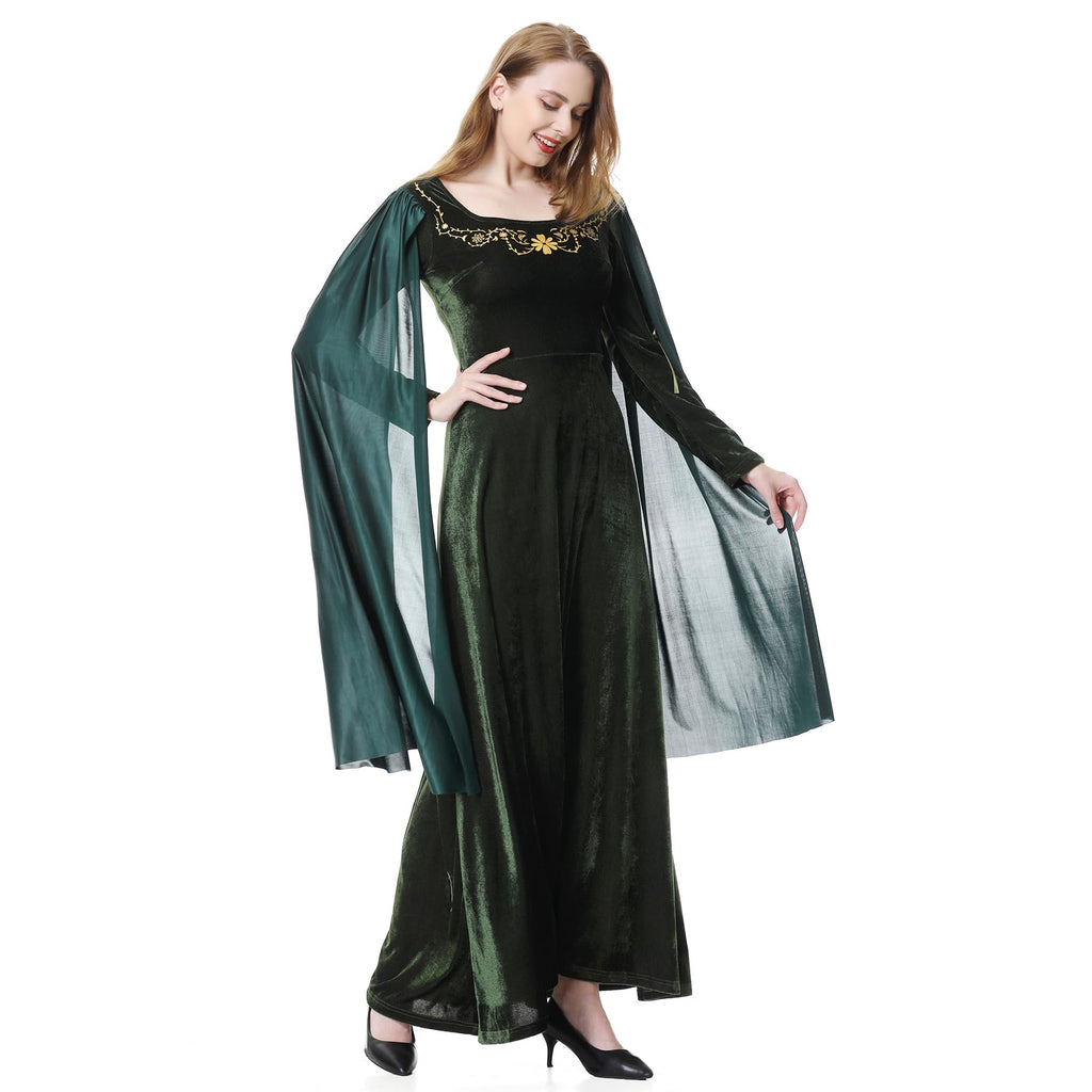 Colorful House Women Medieval Tea Party Dress Victorian Era Bubble Sleeves Velvet High Waist Long Dress with Belt and Gloves