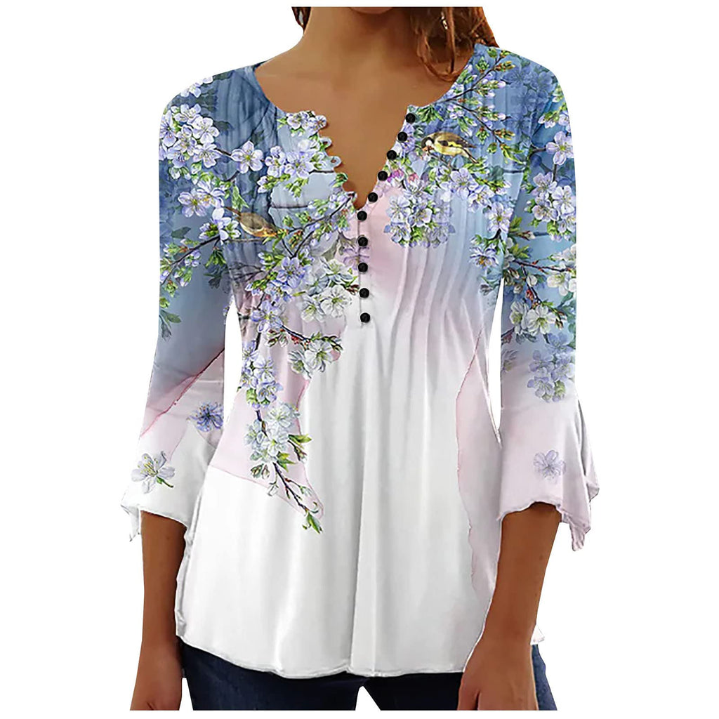 Summer Tops for Women 2026 Trendy Boho Floral Print Tunic Shirts 3/4 Bell Sleeve Button v Neck Tshirt Casual Loose Blouse