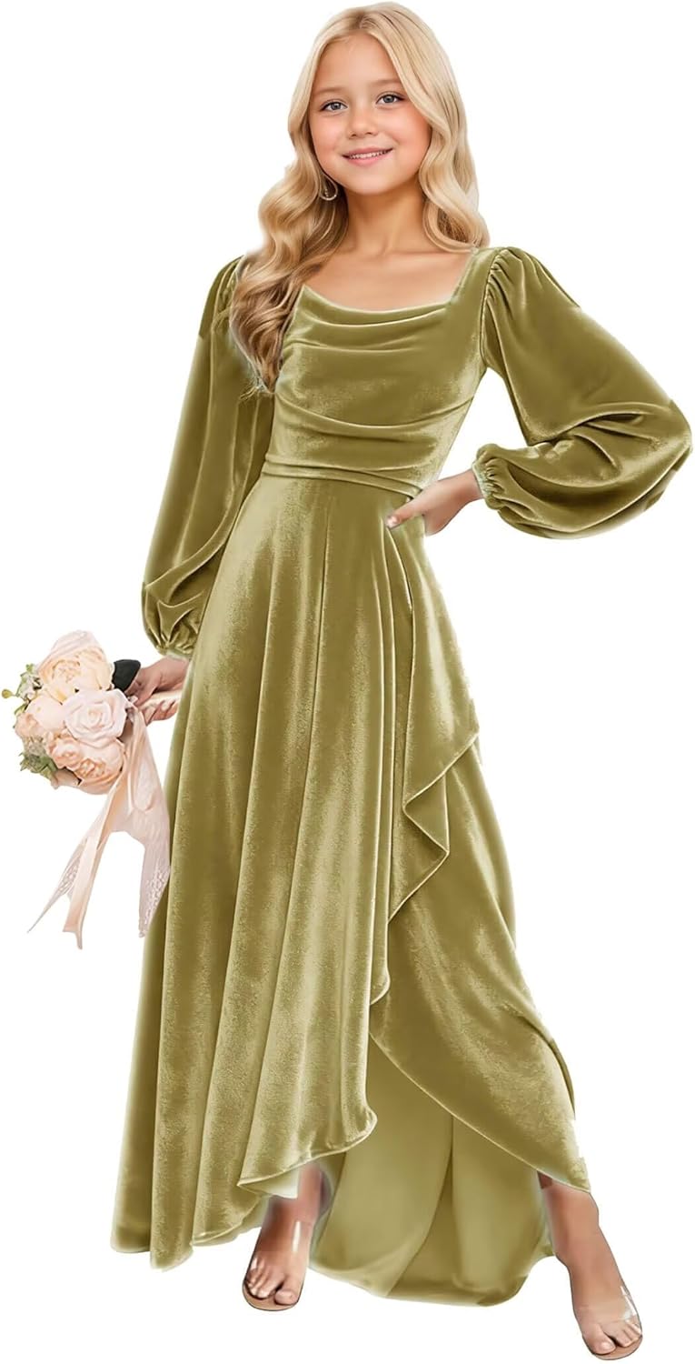 Long Sleeves Junior Bridesmaid Dresses Velvet Flower Girl Dress for Wedding Party Pageant Gowns with Ruffle