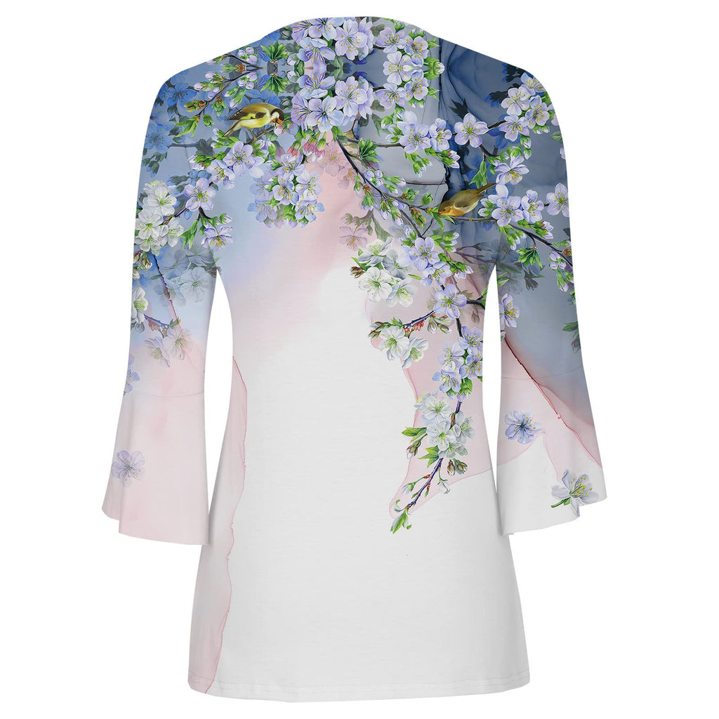 Summer Tops for Women 2026 Trendy Boho Floral Print Tunic Shirts 3/4 Bell Sleeve Button v Neck Tshirt Casual Loose Blouse