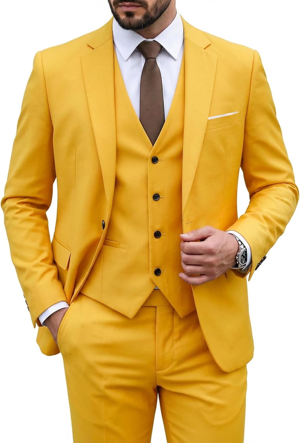 MY'S Men's 3 Piece Suit Set with Tie, One Button Slim Fit Solid Jacket Vest Pants, Prom Party Wedding Business Suits for Men