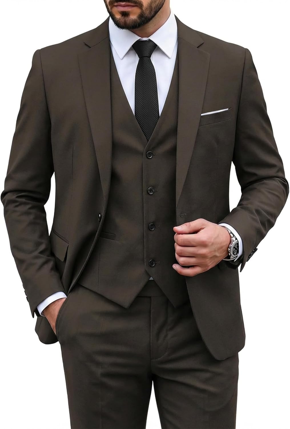 MY'S Men's 3 Piece Suit Set with Tie, One Button Slim Fit Solid Jacket Vest Pants, Prom Party Wedding Business Suits for Men