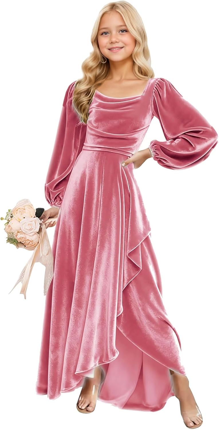 Long Sleeves Junior Bridesmaid Dresses Velvet Flower Girl Dress for Wedding Party Pageant Gowns with Ruffle