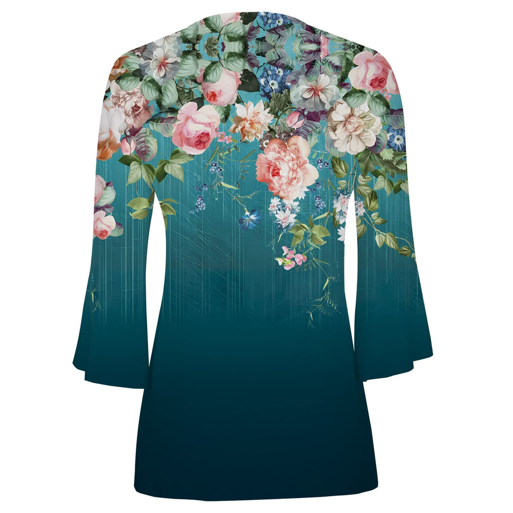 Summer Tops for Women 2026 Trendy Boho Floral Print Tunic Shirts 3/4 Bell Sleeve Button v Neck Tshirt Casual Loose Blouse