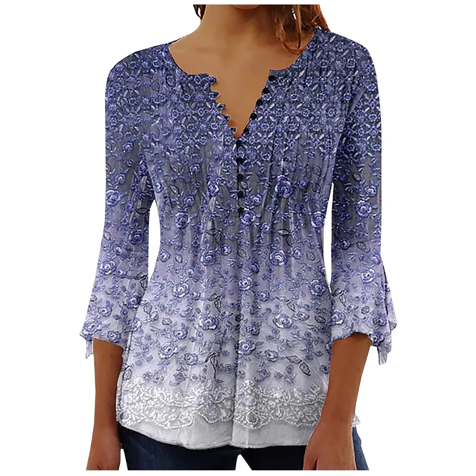 Summer Tops for Women 2026 Trendy Boho Floral Print Tunic Shirts 3/4 Bell Sleeve Button v Neck Tshirt Casual Loose Blouse