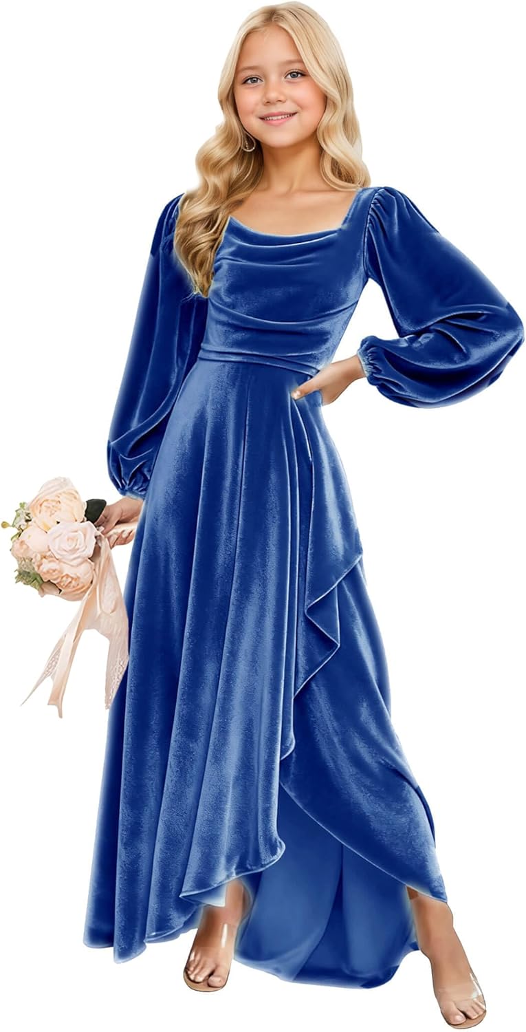 Long Sleeves Junior Bridesmaid Dresses Velvet Flower Girl Dress for Wedding Party Pageant Gowns with Ruffle
