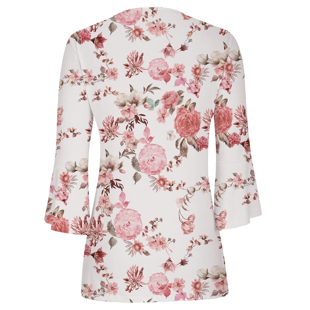 Summer Tops for Women 2026 Trendy Boho Floral Print Tunic Shirts 3/4 Bell Sleeve Button v Neck Tshirt Casual Loose Blouse