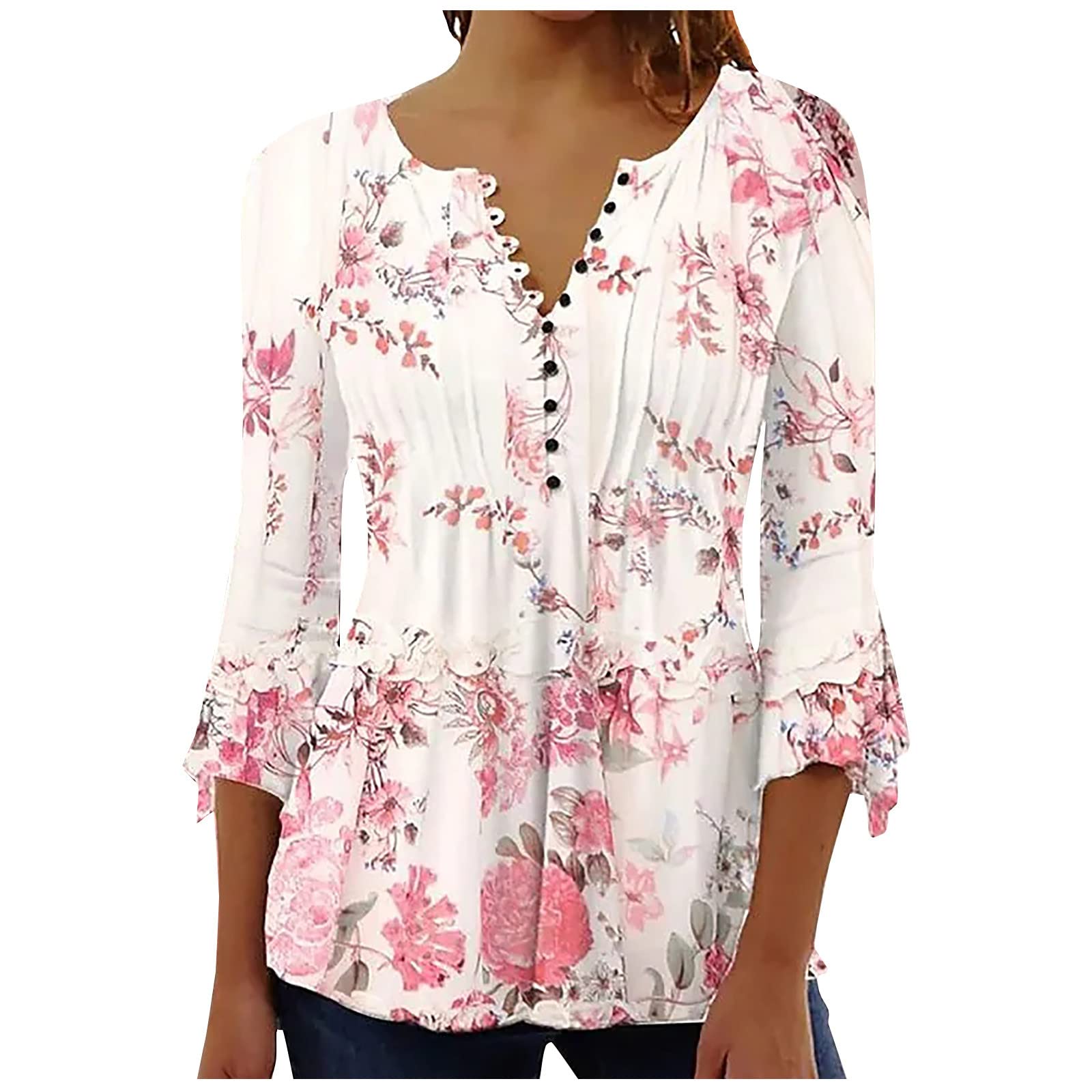 Summer Tops for Women 2026 Trendy Boho Floral Print Tunic Shirts 3/4 Bell Sleeve Button v Neck Tshirt Casual Loose Blouse