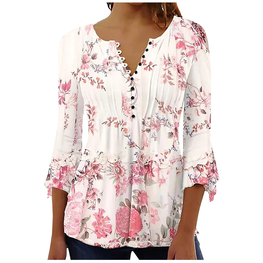 Summer Tops for Women 2026 Trendy Boho Floral Print Tunic Shirts 3/4 Bell Sleeve Button v Neck Tshirt Casual Loose Blouse