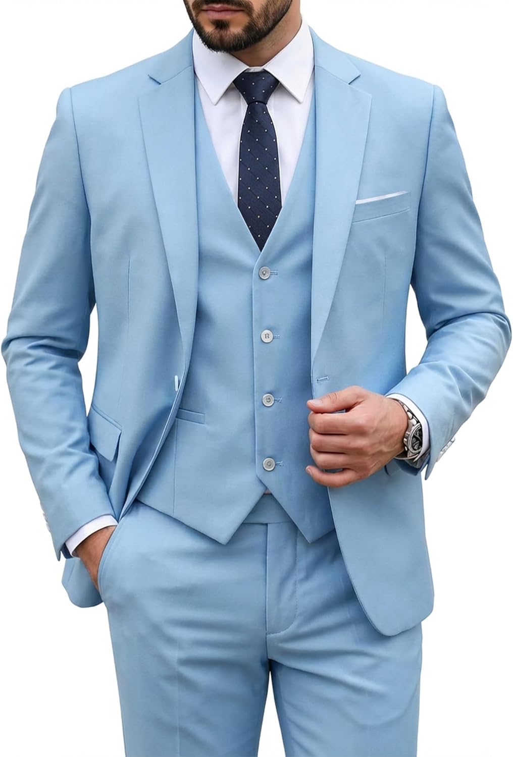 MY'S Men's 3 Piece Suit Set with Tie, One Button Slim Fit Solid Jacket Vest Pants, Prom Party Wedding Business Suits for Men