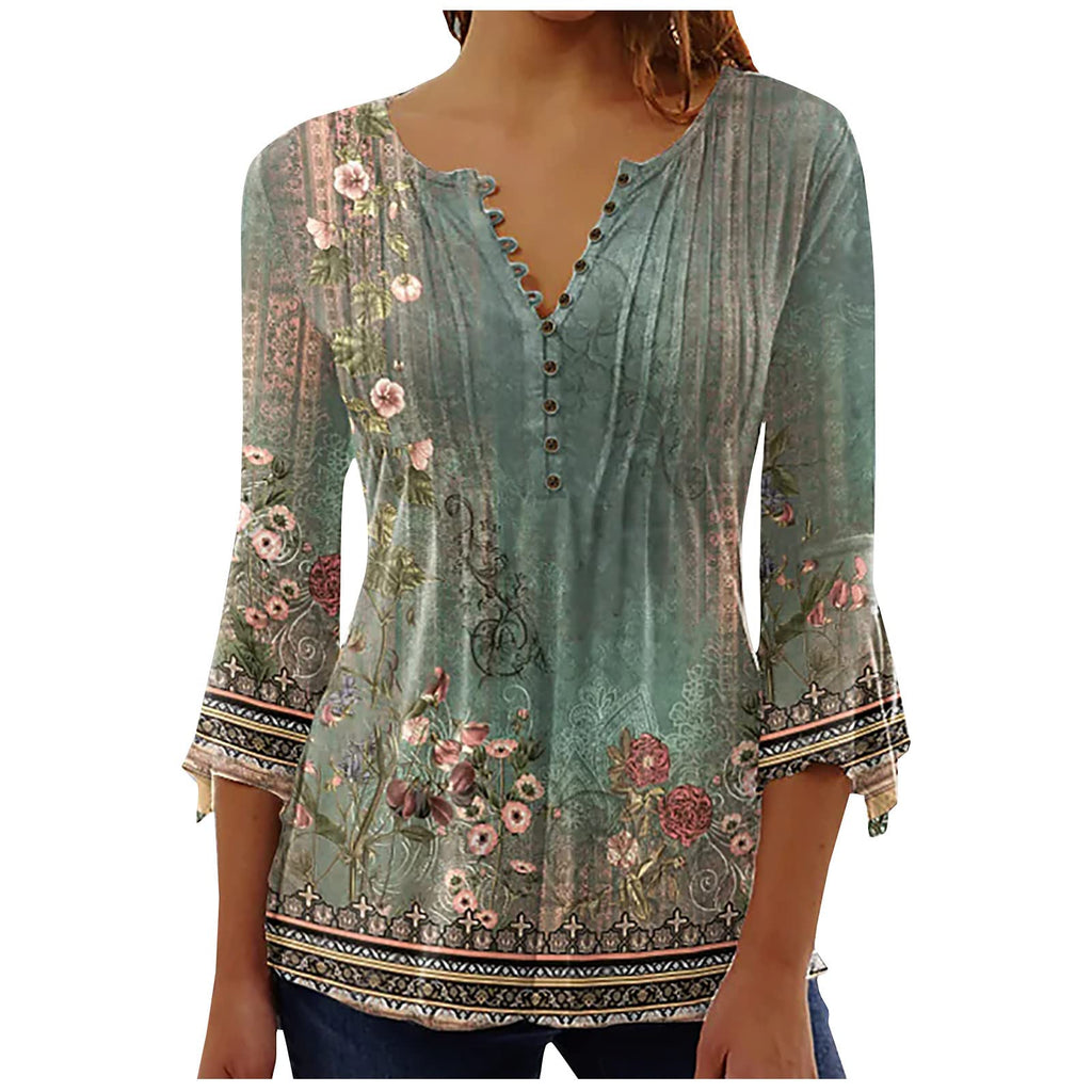 Summer Tops for Women 2026 Trendy Boho Floral Print Tunic Shirts 3/4 Bell Sleeve Button v Neck Tshirt Casual Loose Blouse