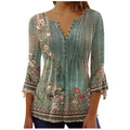 Summer Tops for Women 2026 Trendy Boho Floral Print Tunic Shirts 3/4 Bell Sleeve Button v Neck Tshirt Casual Loose Blouse
