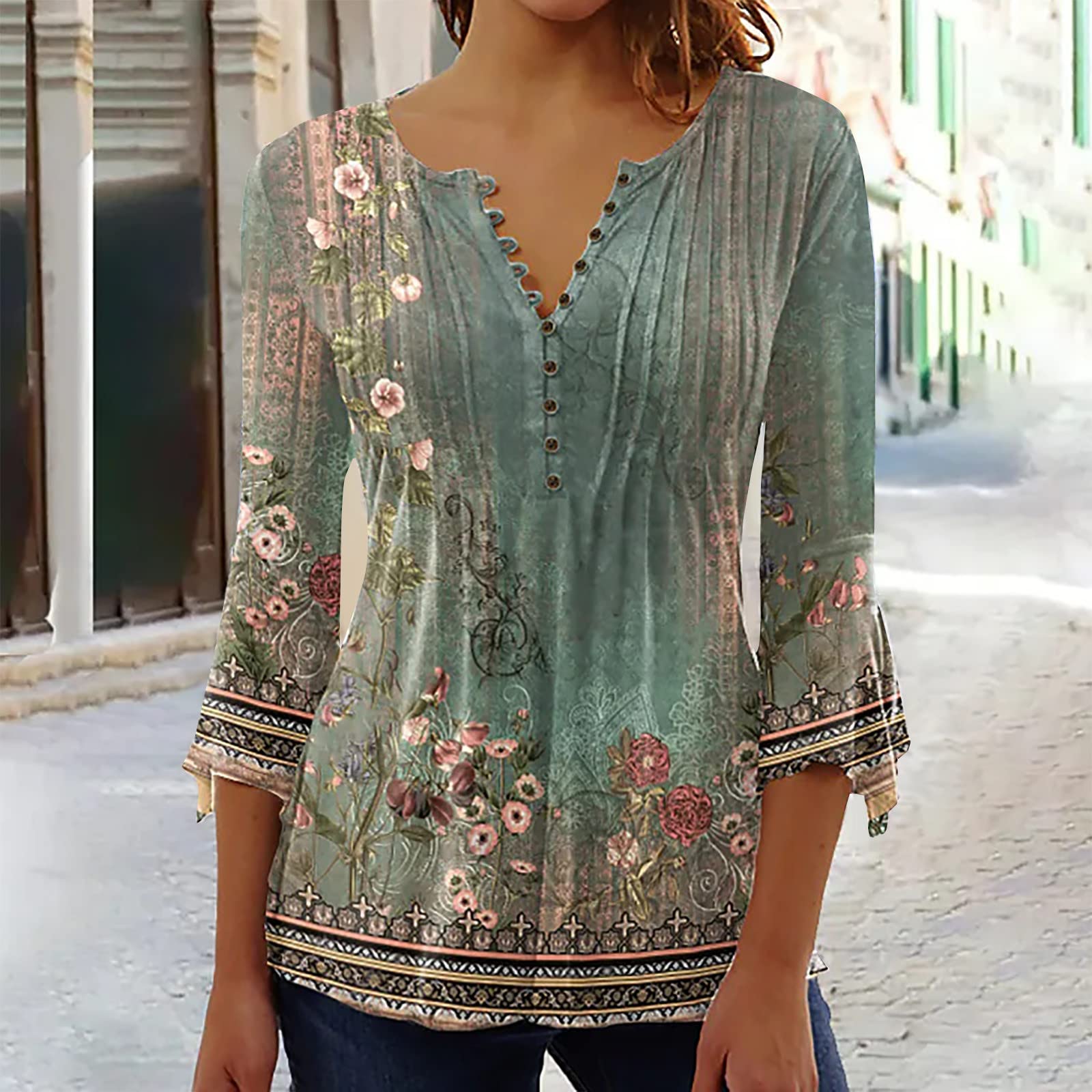 Summer Tops for Women 2026 Trendy Boho Floral Print Tunic Shirts 3/4 Bell Sleeve Button v Neck Tshirt Casual Loose Blouse