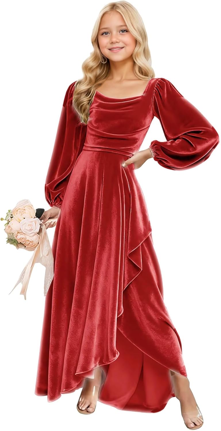 Long Sleeves Junior Bridesmaid Dresses Velvet Flower Girl Dress for Wedding Party Pageant Gowns with Ruffle