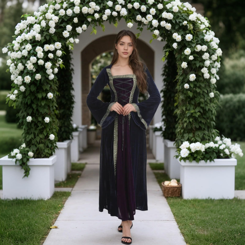 Colorful House Women Medieval Tea Party Dress Victorian Era Bubble Sleeves Velvet High Waist Long Dress with Belt and Gloves