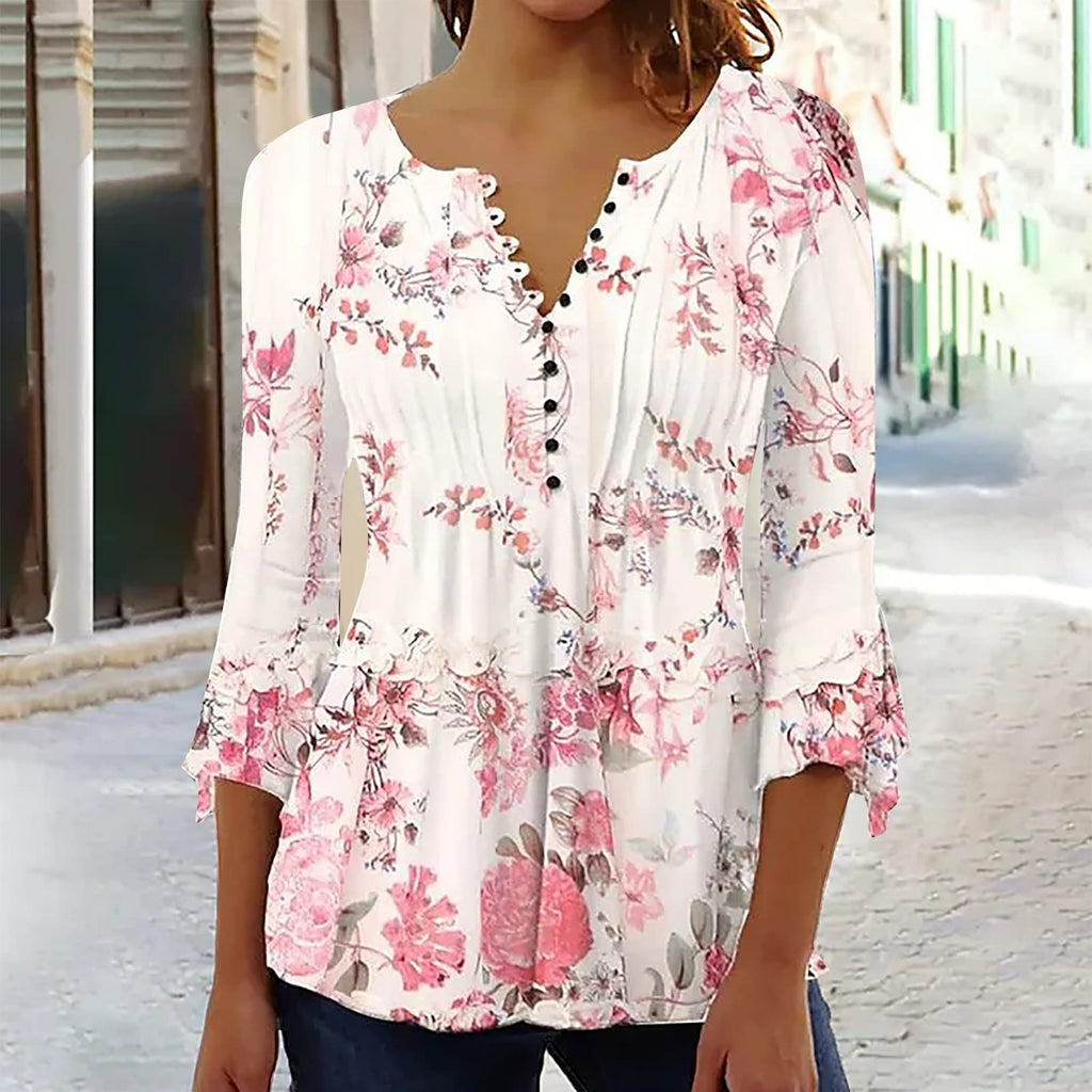 Summer Tops for Women 2026 Trendy Boho Floral Print Tunic Shirts 3/4 Bell Sleeve Button v Neck Tshirt Casual Loose Blouse
