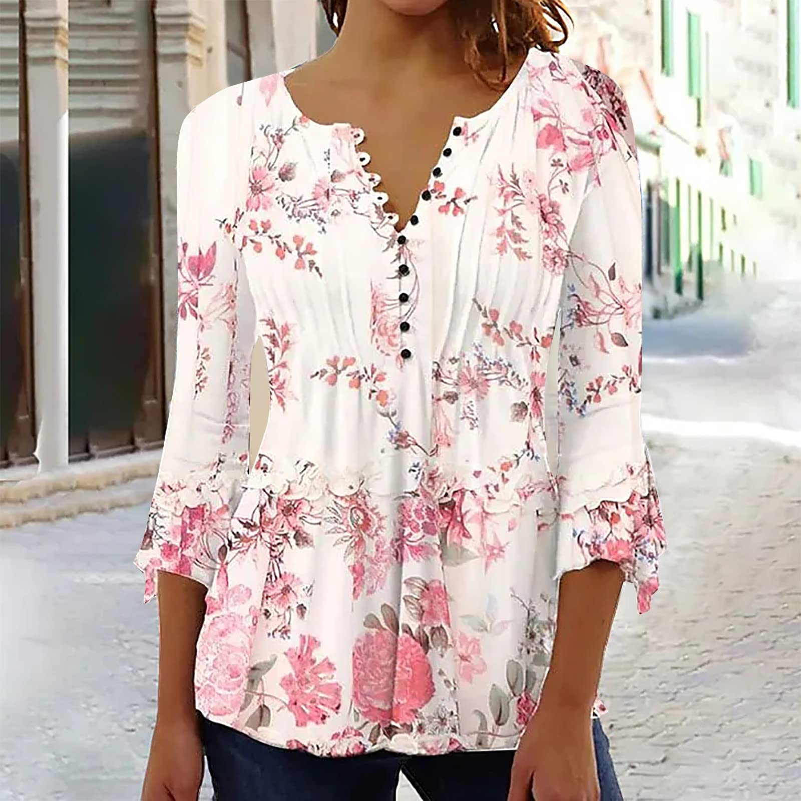 Summer Tops for Women 2026 Trendy Boho Floral Print Tunic Shirts 3/4 Bell Sleeve Button v Neck Tshirt Casual Loose Blouse