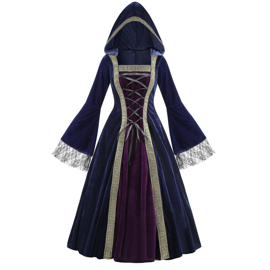 Colorful House Women Medieval Tea Party Dress Victorian Era Bubble Sleeves Velvet High Waist Long Dress with Belt and Gloves