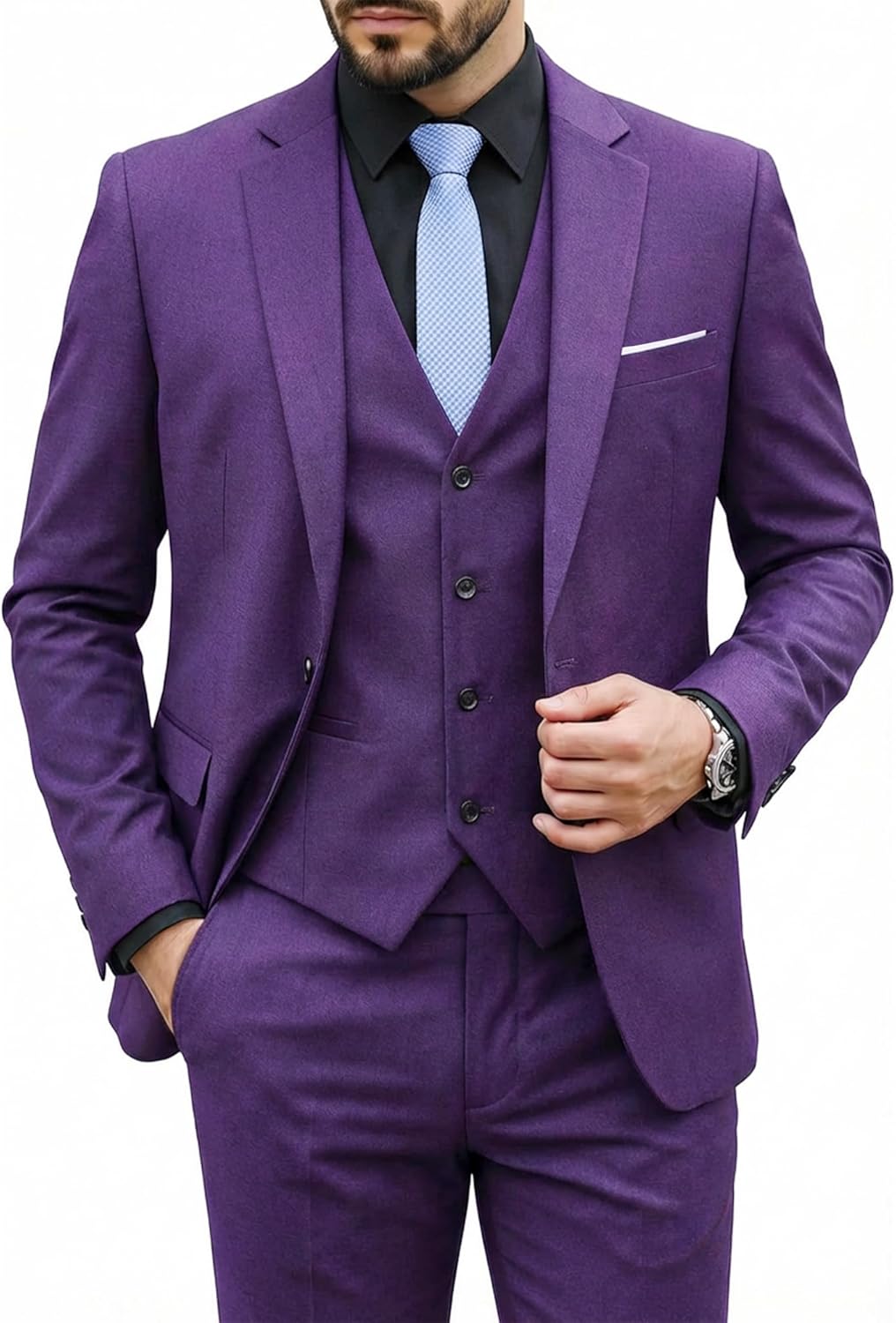 MY'S Men's 3 Piece Suit Set with Tie, One Button Slim Fit Solid Jacket Vest Pants, Prom Party Wedding Business Suits for Men