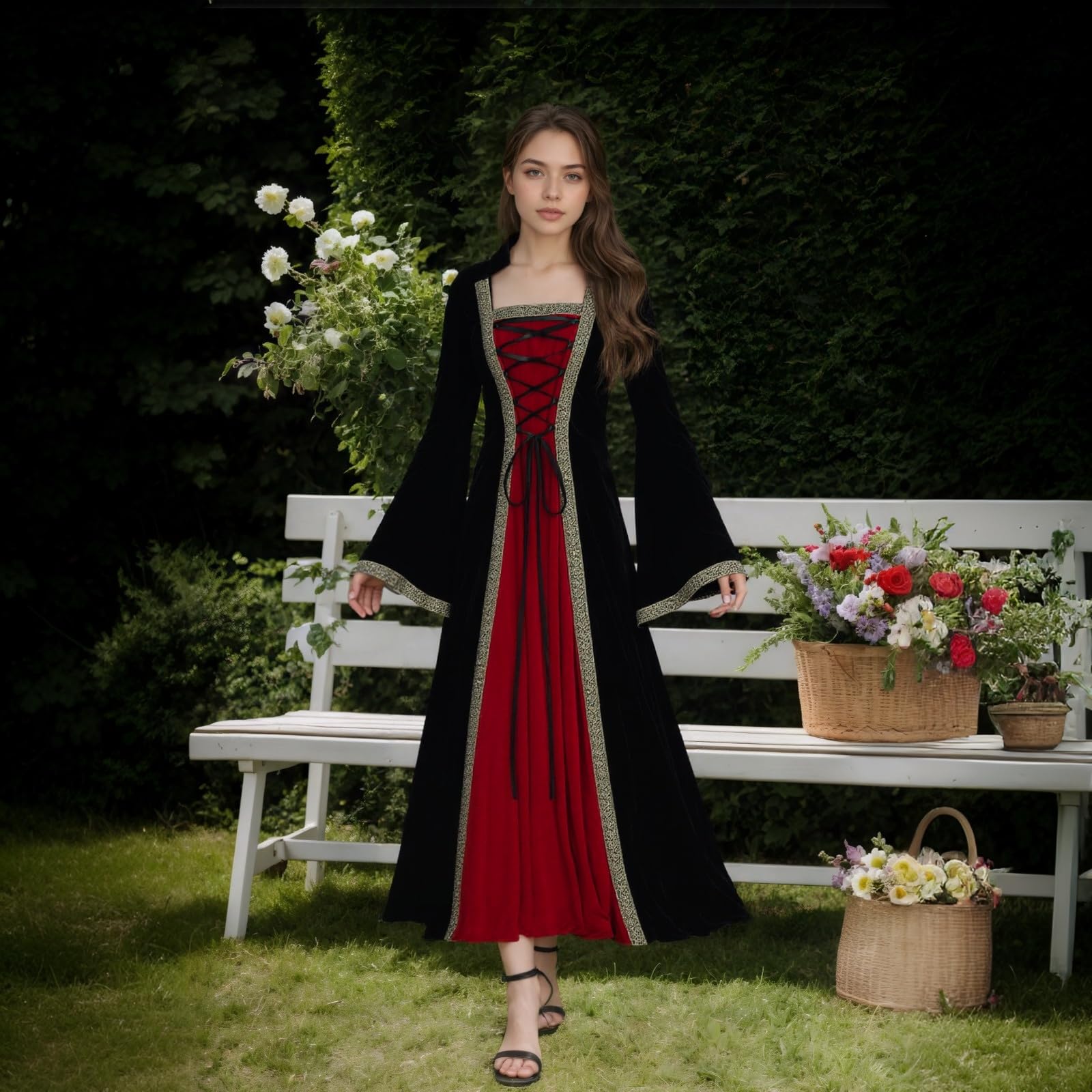 Colorful House Women Medieval Tea Party Dress Victorian Era Bubble Sleeves Velvet High Waist Long Dress with Belt and Gloves