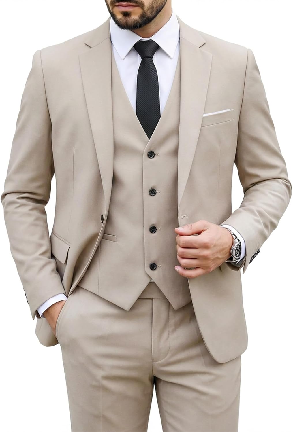 MY'S Men's 3 Piece Suit Set with Tie, One Button Slim Fit Solid Jacket Vest Pants, Prom Party Wedding Business Suits for Men