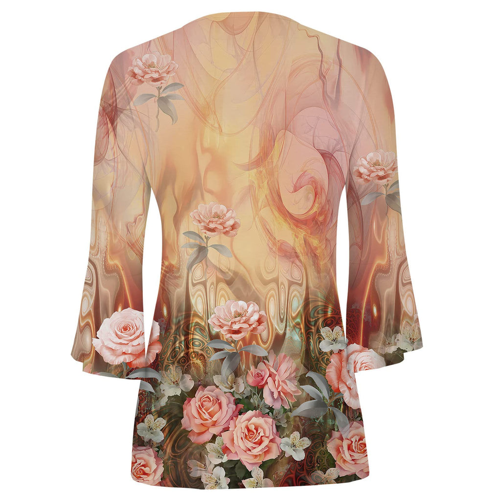 Summer Tops for Women 2026 Trendy Boho Floral Print Tunic Shirts 3/4 Bell Sleeve Button v Neck Tshirt Casual Loose Blouse