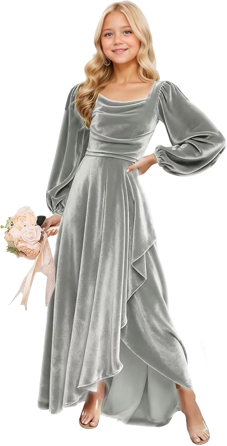Long Sleeves Junior Bridesmaid Dresses Velvet Flower Girl Dress for Wedding Party Pageant Gowns with Ruffle