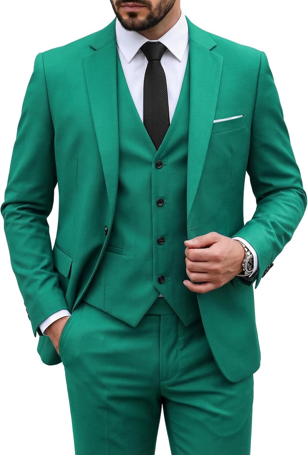 MY'S Men's 3 Piece Suit Set with Tie, One Button Slim Fit Solid Jacket Vest Pants, Prom Party Wedding Business Suits for Men