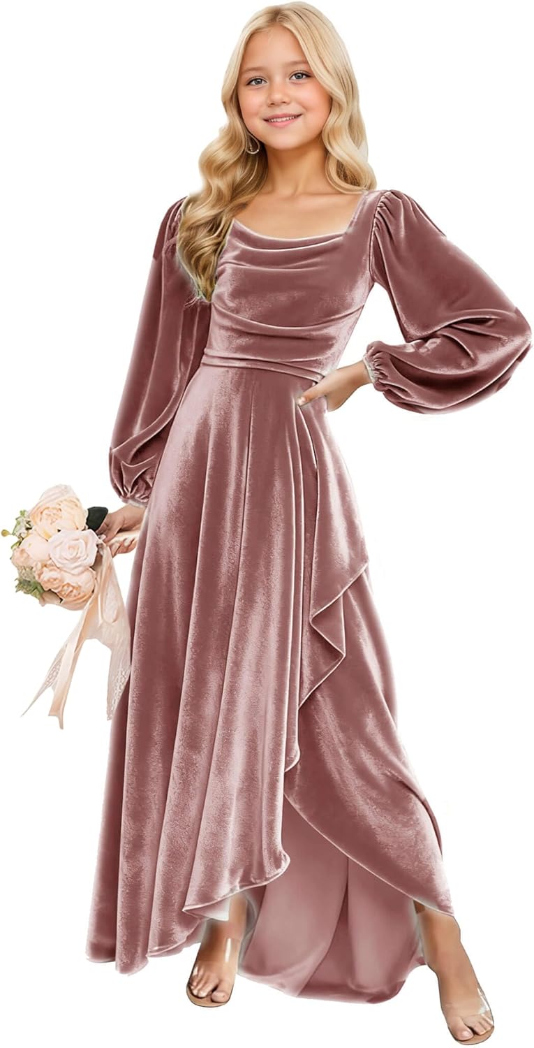 Long Sleeves Junior Bridesmaid Dresses Velvet Flower Girl Dress for Wedding Party Pageant Gowns with Ruffle