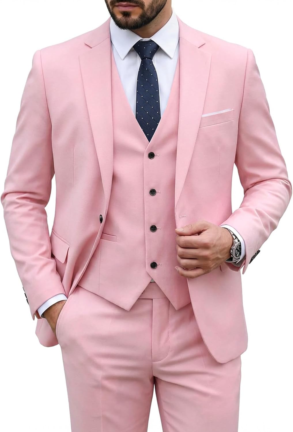 MY'S Men's 3 Piece Suit Set with Tie, One Button Slim Fit Solid Jacket Vest Pants, Prom Party Wedding Business Suits for Men