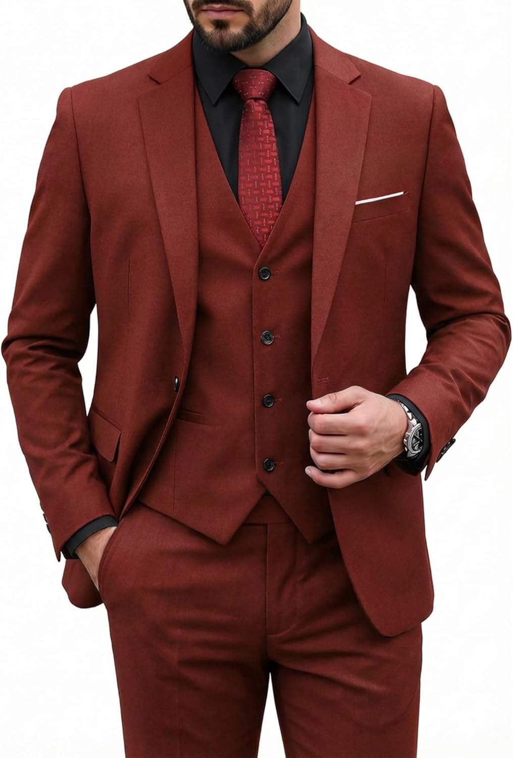 MY'S Men's 3 Piece Suit Set with Tie, One Button Slim Fit Solid Jacket Vest Pants, Prom Party Wedding Business Suits for Men