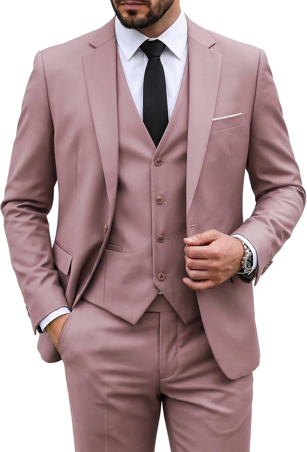 MY'S Men's 3 Piece Suit Set with Tie, One Button Slim Fit Solid Jacket Vest Pants, Prom Party Wedding Business Suits for Men
