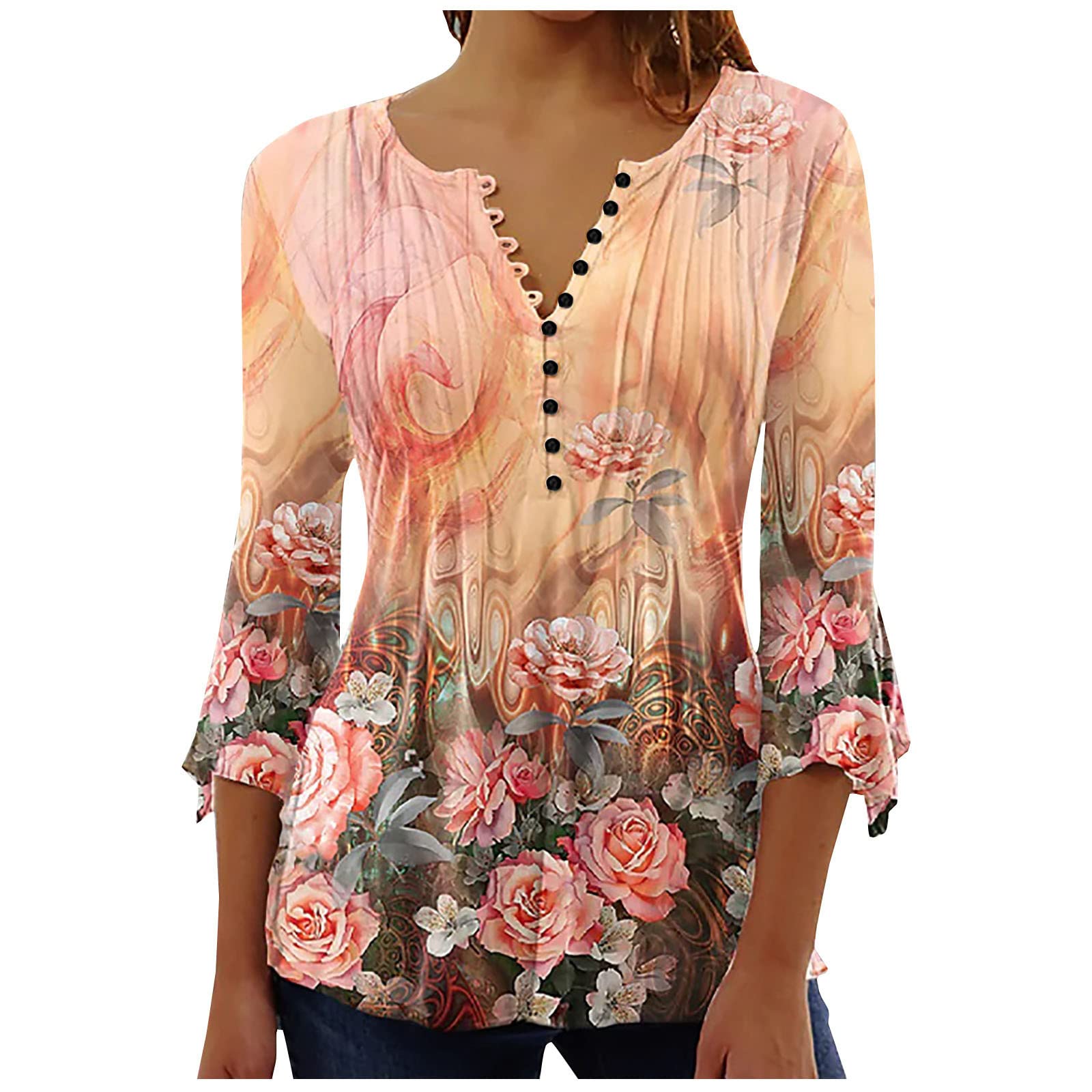 Summer Tops for Women 2026 Trendy Boho Floral Print Tunic Shirts 3/4 Bell Sleeve Button v Neck Tshirt Casual Loose Blouse