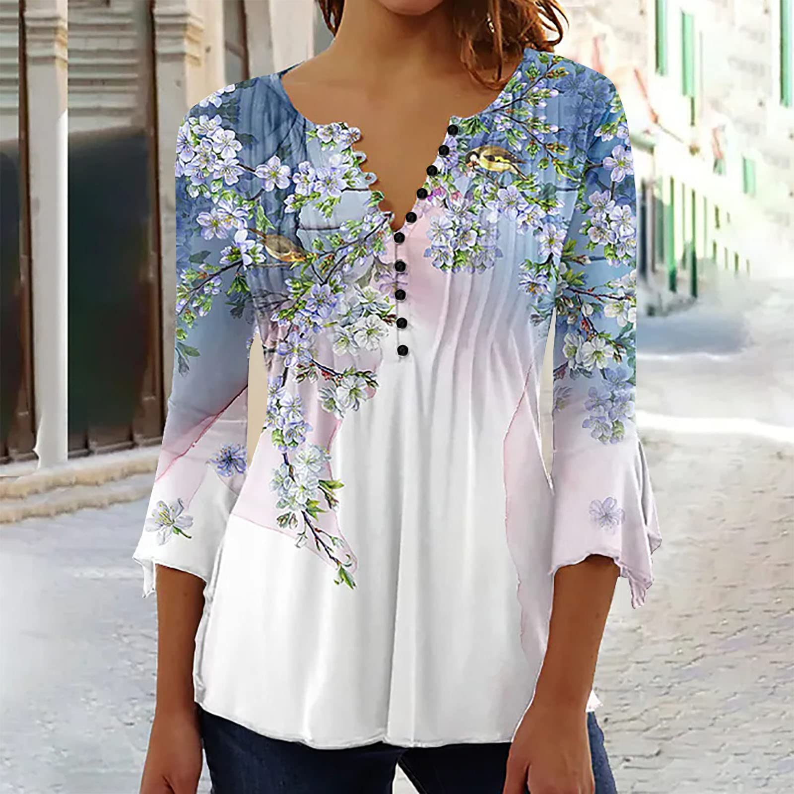 Summer Tops for Women 2026 Trendy Boho Floral Print Tunic Shirts 3/4 Bell Sleeve Button v Neck Tshirt Casual Loose Blouse