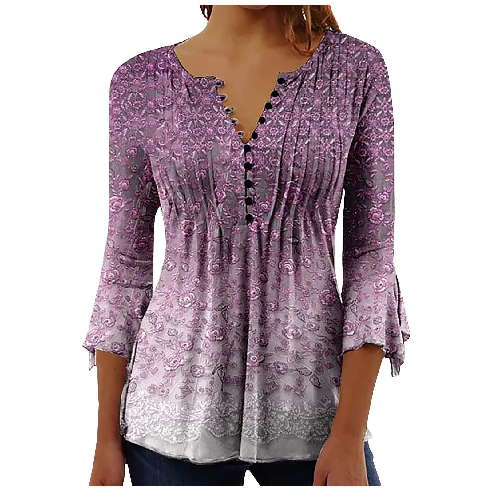 Summer Tops for Women 2026 Trendy Boho Floral Print Tunic Shirts 3/4 Bell Sleeve Button v Neck Tshirt Casual Loose Blouse
