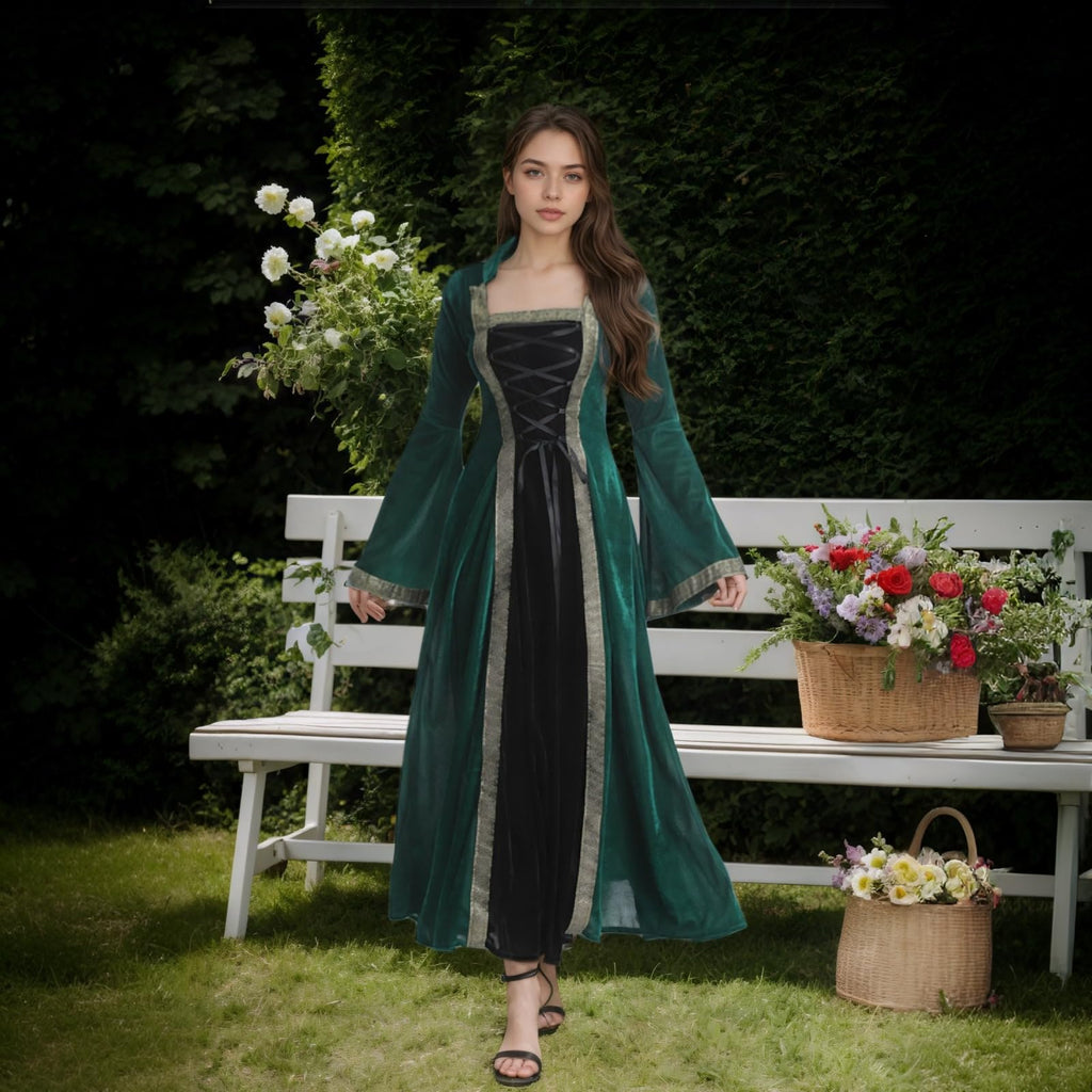 Colorful House Women Medieval Tea Party Dress Victorian Era Bubble Sleeves Velvet High Waist Long Dress with Belt and Gloves