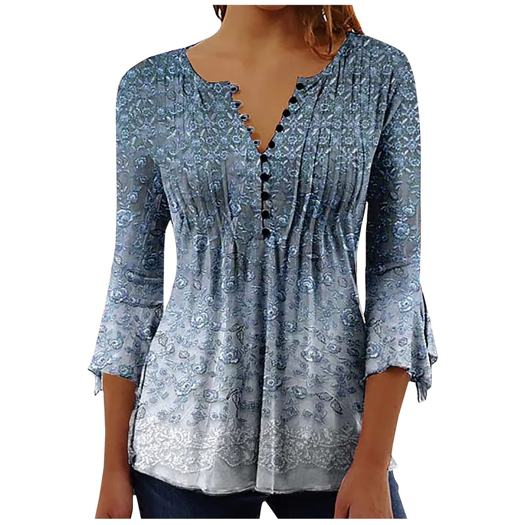 Summer Tops for Women 2026 Trendy Boho Floral Print Tunic Shirts 3/4 Bell Sleeve Button v Neck Tshirt Casual Loose Blouse