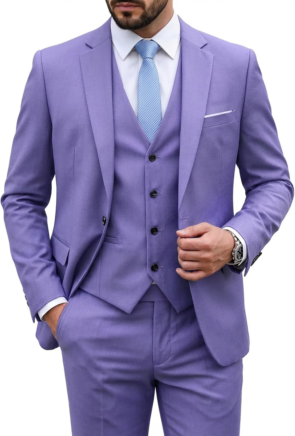 MY'S Men's 3 Piece Suit Set with Tie, One Button Slim Fit Solid Jacket Vest Pants, Prom Party Wedding Business Suits for Men