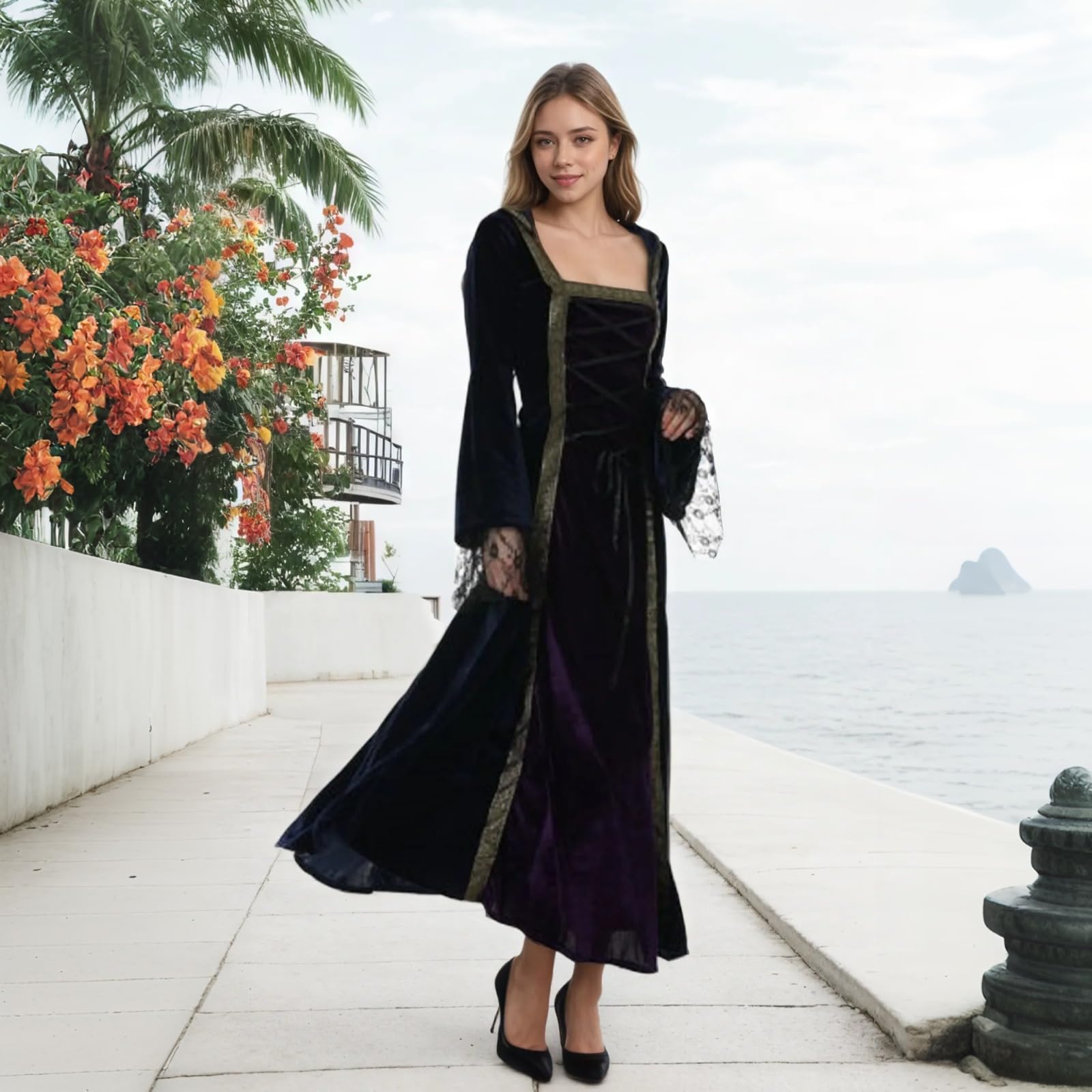 Colorful House Women Medieval Tea Party Dress Victorian Era Bubble Sleeves Velvet High Waist Long Dress with Belt and Gloves