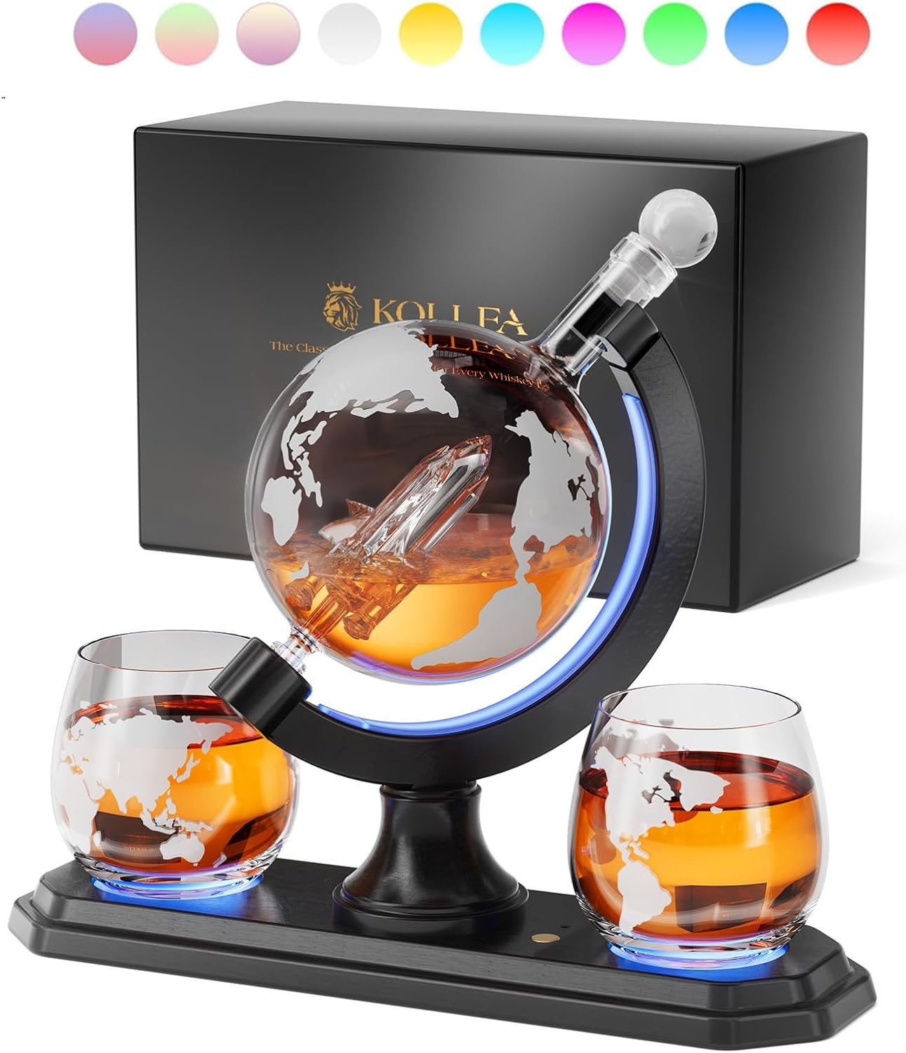 Gifts for Men Dad Christmas, Kollea Globe Whiskey Decanter Set with Space Rocket Inside, 7 Colors Led Liquor Decanter, Cool Gifts for Husband Brother Whiskey Lover, for Birthday Anniversary Home Bar