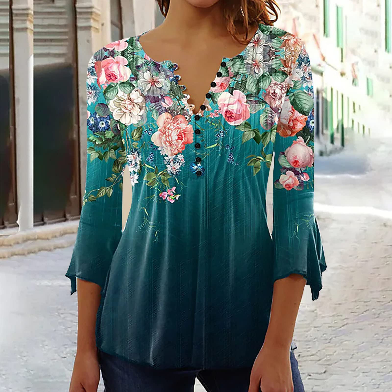 Summer Tops for Women 2026 Trendy Boho Floral Print Tunic Shirts 3/4 Bell Sleeve Button v Neck Tshirt Casual Loose Blouse
