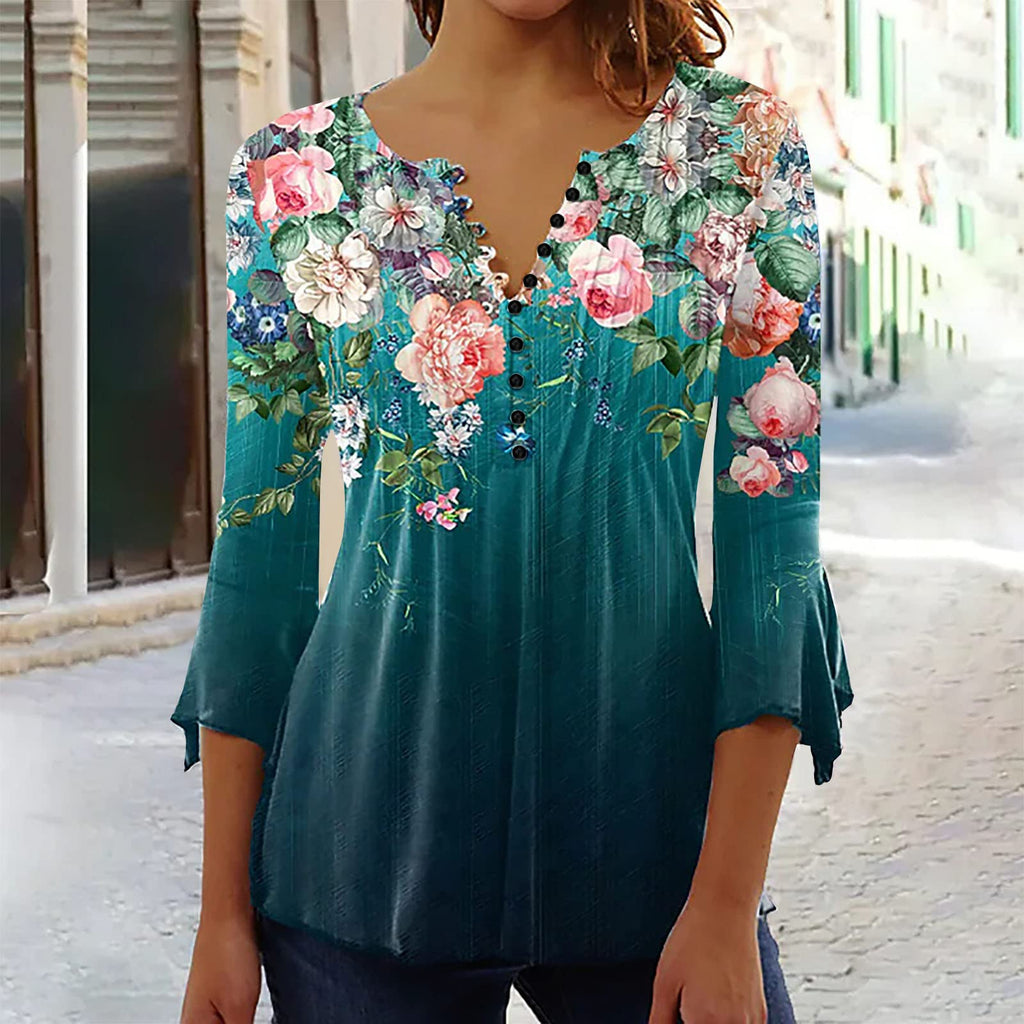 Summer Tops for Women 2026 Trendy Boho Floral Print Tunic Shirts 3/4 Bell Sleeve Button v Neck Tshirt Casual Loose Blouse