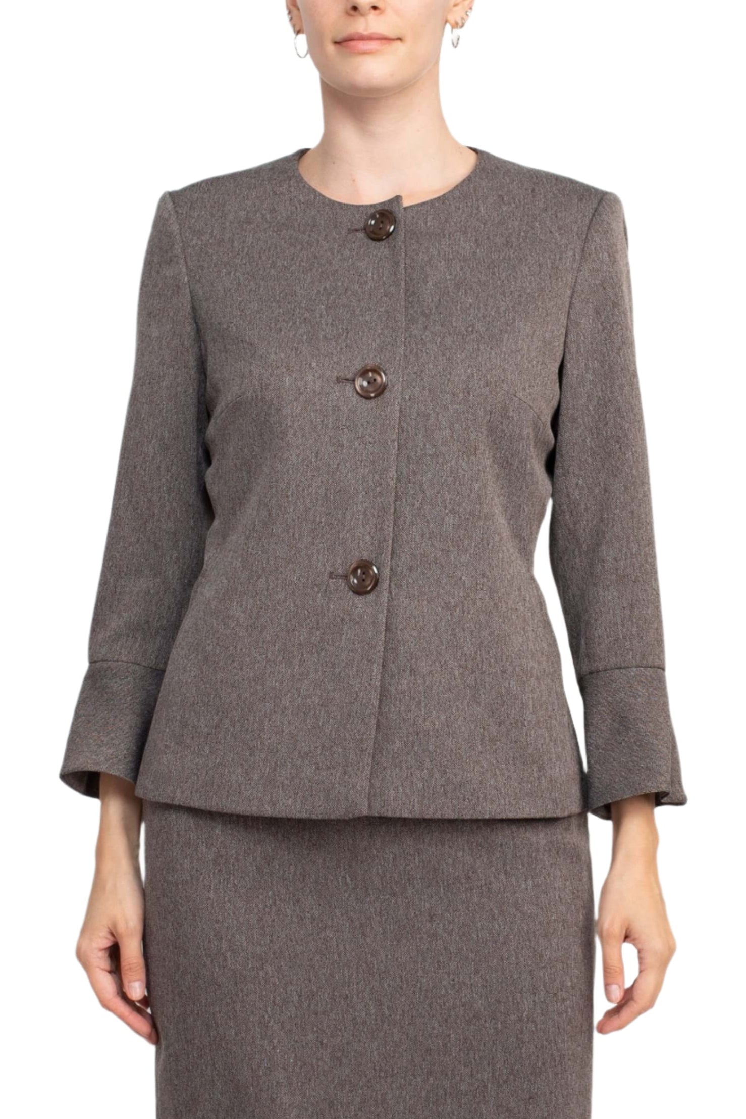 NYP Suits Crew Neck Long Sleeve 3 Button Pockets Zipper Back Slit Back Crepe Skirt Suit