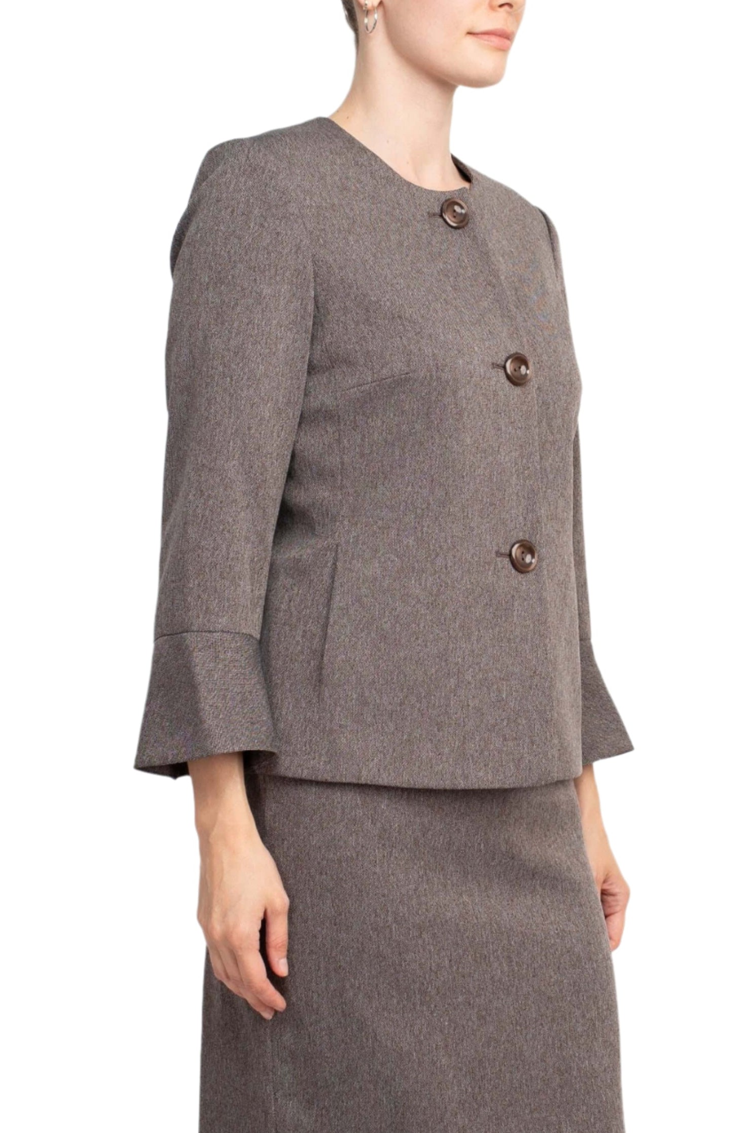 NYP Suits Crew Neck Long Sleeve 3 Button Pockets Zipper Back Slit Back Crepe Skirt Suit