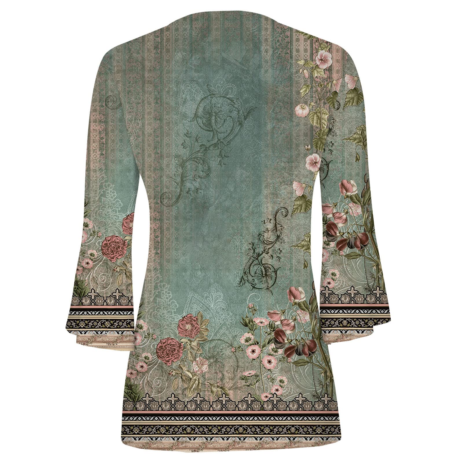 Summer Tops for Women 2026 Trendy Boho Floral Print Tunic Shirts 3/4 Bell Sleeve Button v Neck Tshirt Casual Loose Blouse