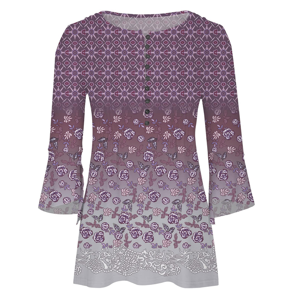 Summer Tops for Women 2026 Trendy Boho Floral Print Tunic Shirts 3/4 Bell Sleeve Button v Neck Tshirt Casual Loose Blouse